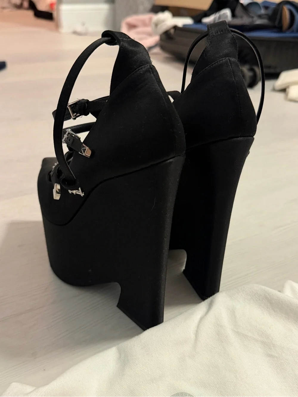 Versace Black Satin Platform Wedge Heels with Ankle Straps